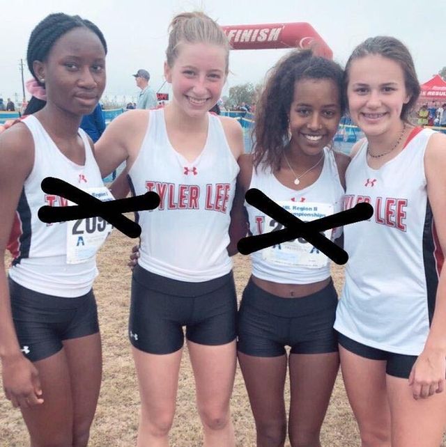 trude lamb far left and hewan knight center right plan to cover up their school name on their cross country jerseys this season