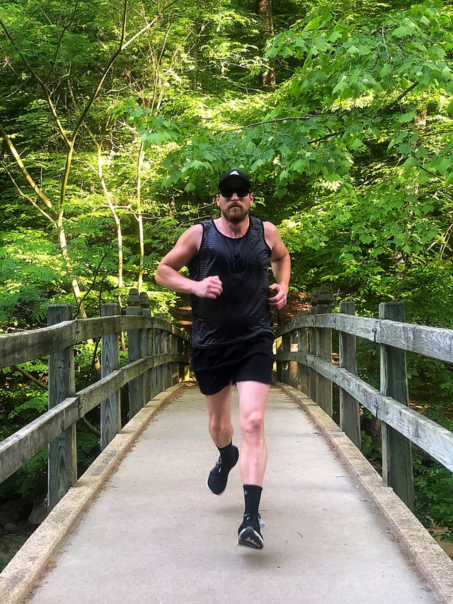 Jogging, Recreation, Tree, Bridge, Leisure, Footwear, Trail, Walkway, Individual sports, Running, 
