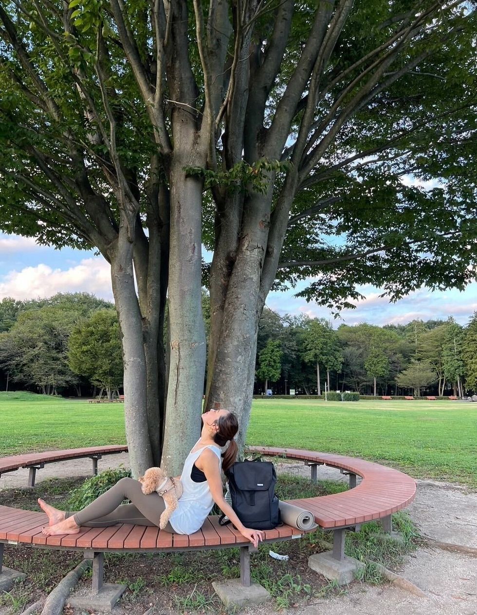 a couple of women sitting on a bench under a tree