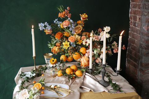 Orange, Serveware, Bouquet, Flower Arranging, Flowering plant, Still life photography, Floristry, Cut flowers, Fruit, Brick, 