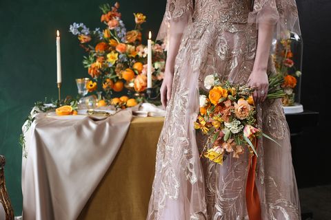 Tablecloth, Yellow, Textile, Bouquet, Petal, Orange, Floristry, Linens, Cut flowers, Flower Arranging, 