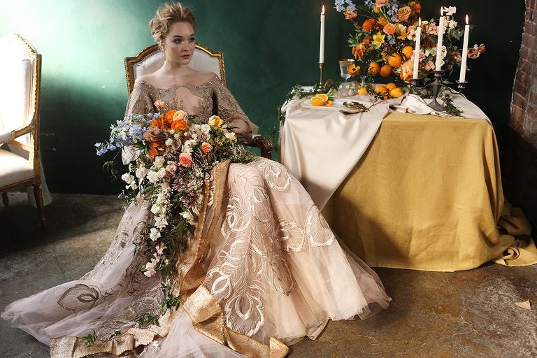 Gown, Dress, Wedding dress, Fashion, Bridal clothing, Bride, Flower Arranging, Floral design, Floristry, Bridal accessory, 