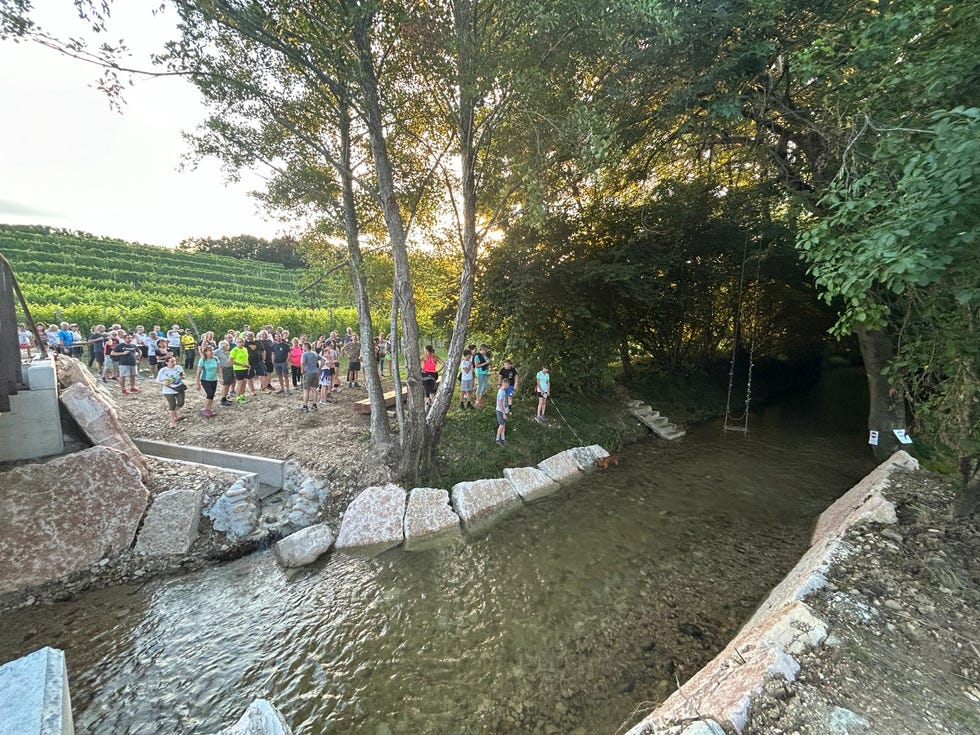 a group of people walking on a path next to a river