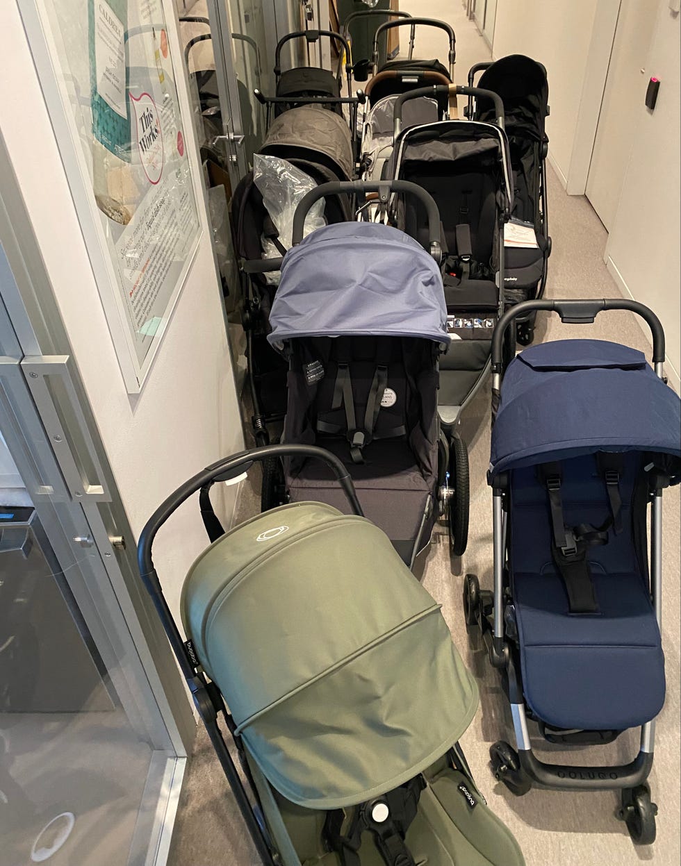 a lineup of strollers being tested at the good housekeeping institute