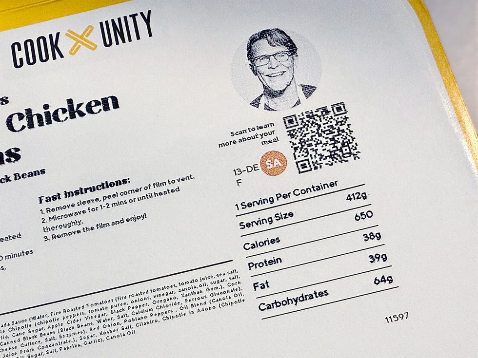 nutrition label and cooking instructions for a meal kit featuring chicken and black beans