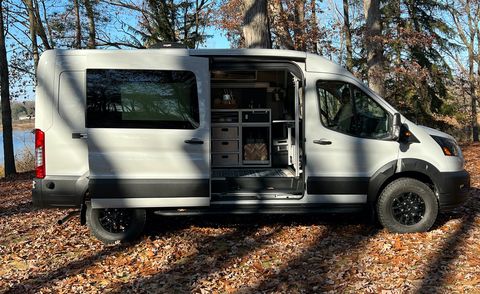 2023 ford transit trail camper van with side door open