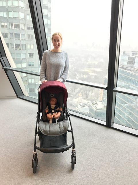 a lightweight stroller is tested with a dummy baby at the good housekeeping institute
