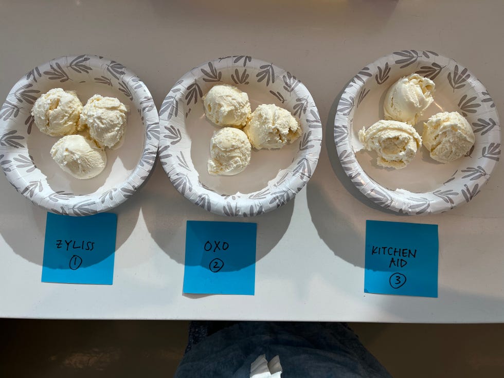 plates of ice cream samples labeled by brand