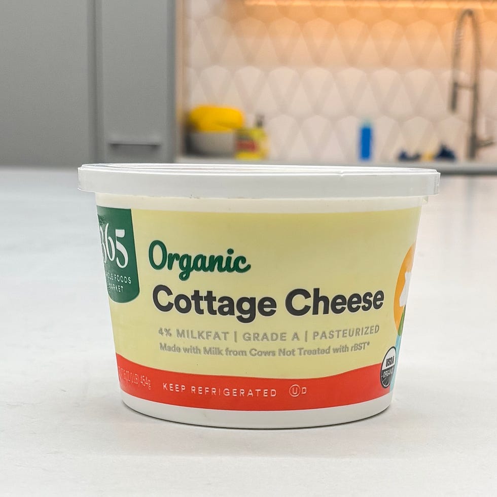 container of organic cottage cheese sitting on a kitchen counter