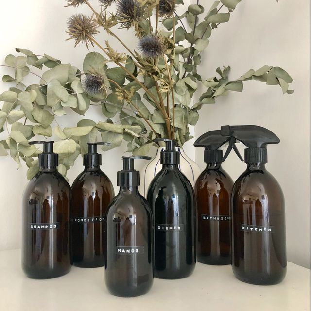 refillable glass bottles for plastic-free kitchen and bathroom