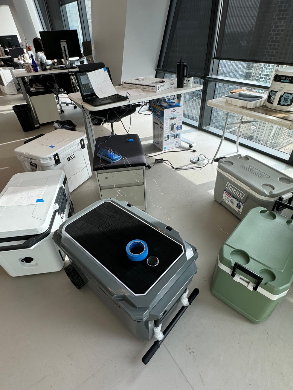 coolers being tested for temperature retention
