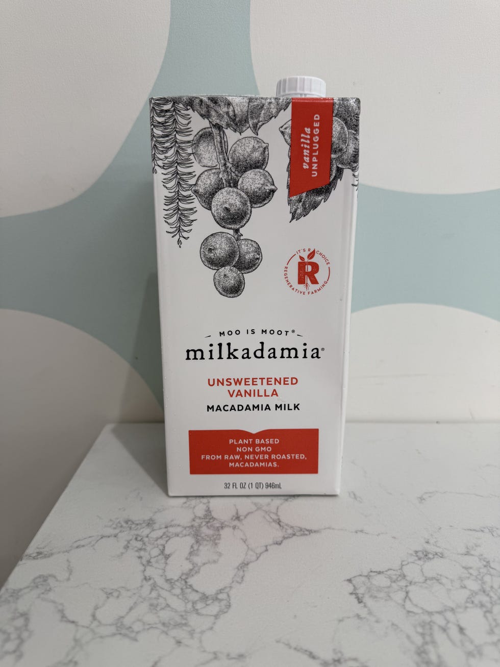 carton of macadamia milk with vanilla flavoring