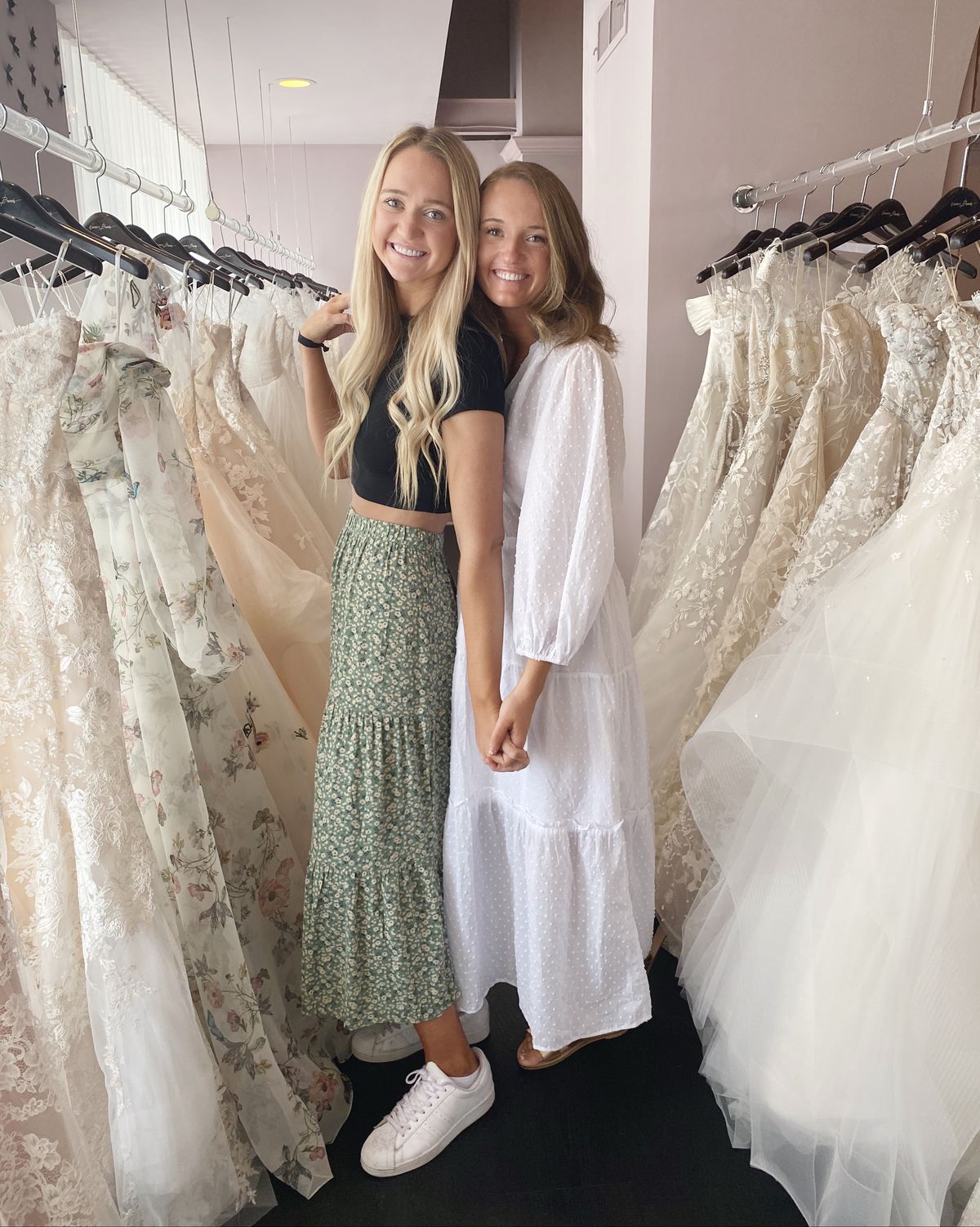 paige and alex drummond shop for alex's wedding dress in dallas, texas with their mom, ree drummond