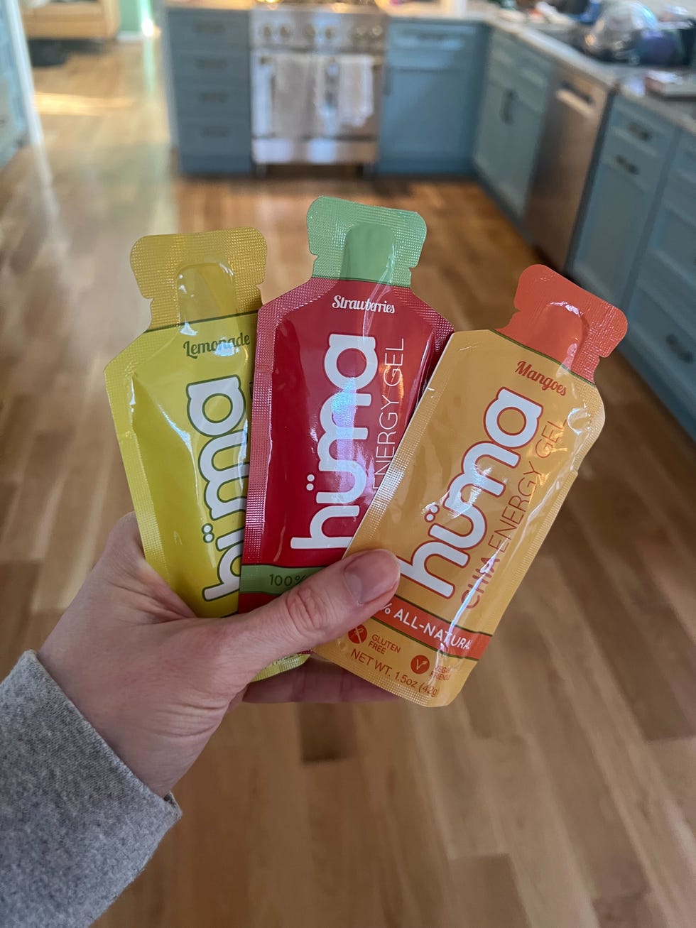 three packets of huma energy gel in various flavors