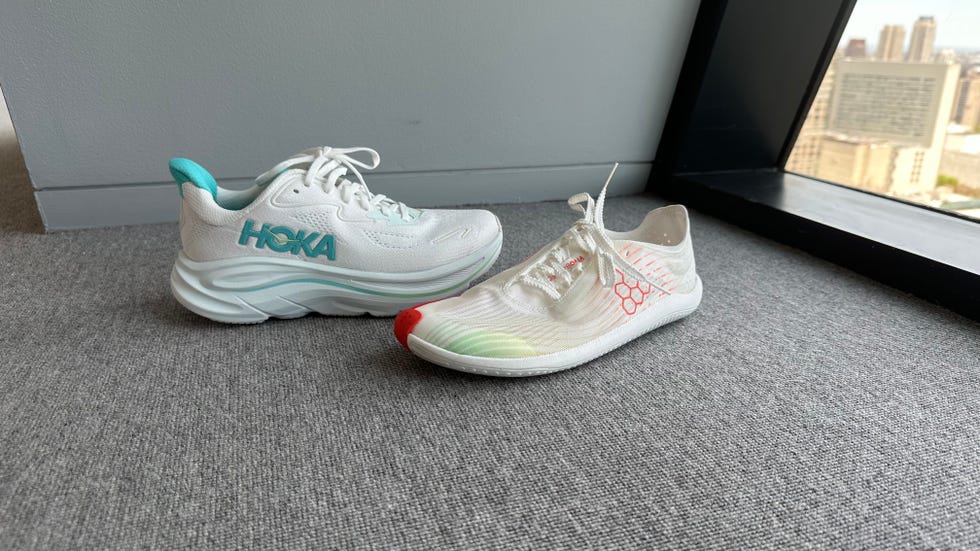 vivobarefoot review testing image comparing hoka clifton 10 to vivobarefoot primus flow
