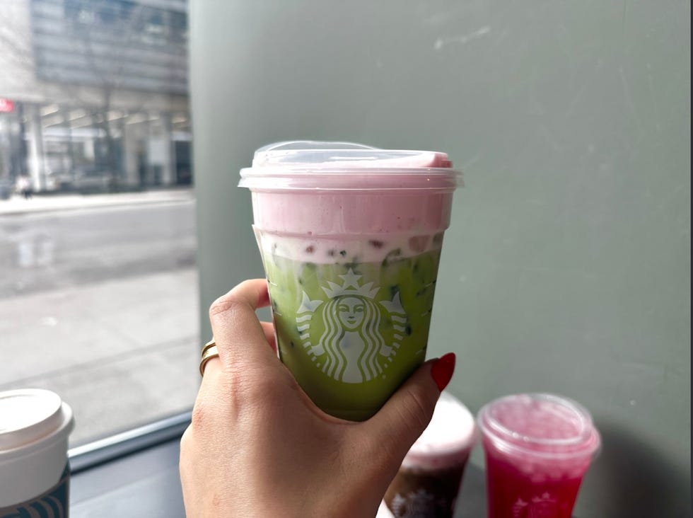 iced beverage with layered green and pink colors