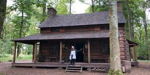 Log cabin, Shack, Cottage, House, Building, Tree, State park, Hut, Forest, Landscape, 