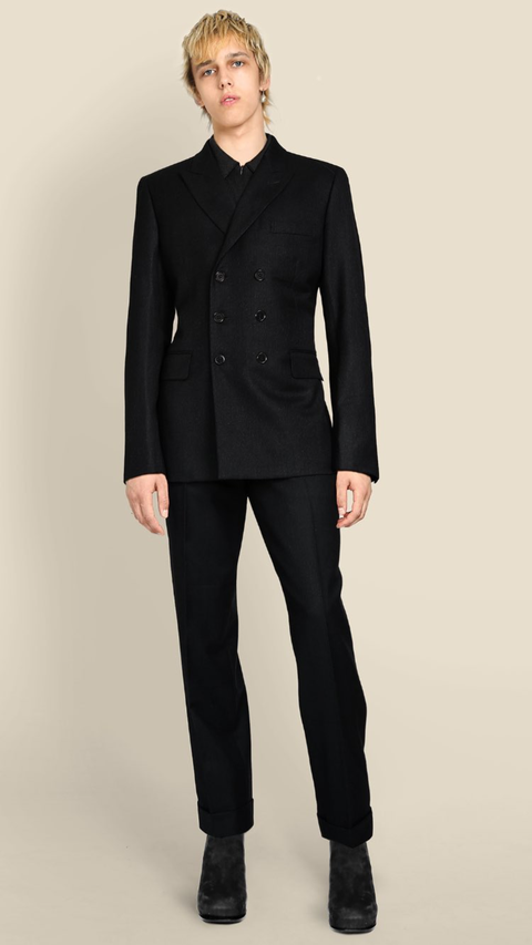 Clothing, Suit, Formal wear, Outerwear, Collar, Blazer, Standing, Tuxedo, Sleeve, Pantsuit, 