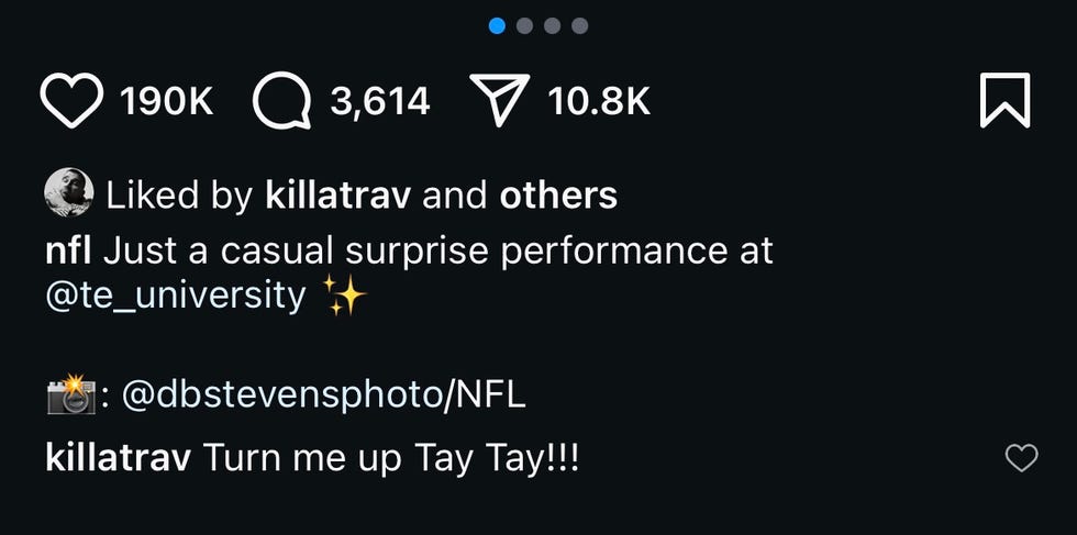 Commento di Travis Kelce sull'Instagram della NFL di Taylor Swift