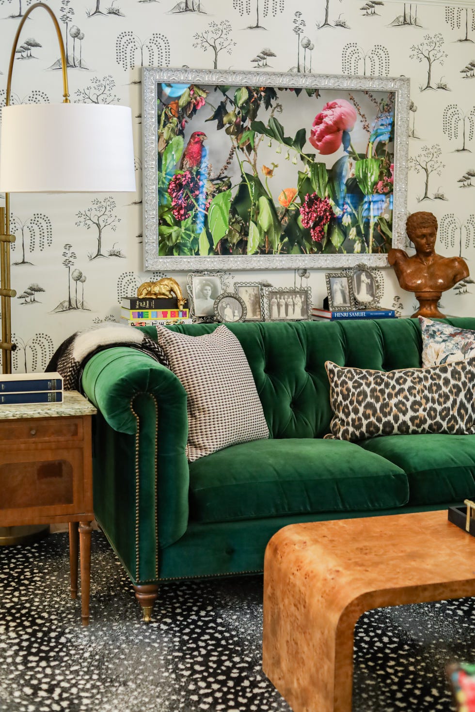 small living room with bright colors and patterns