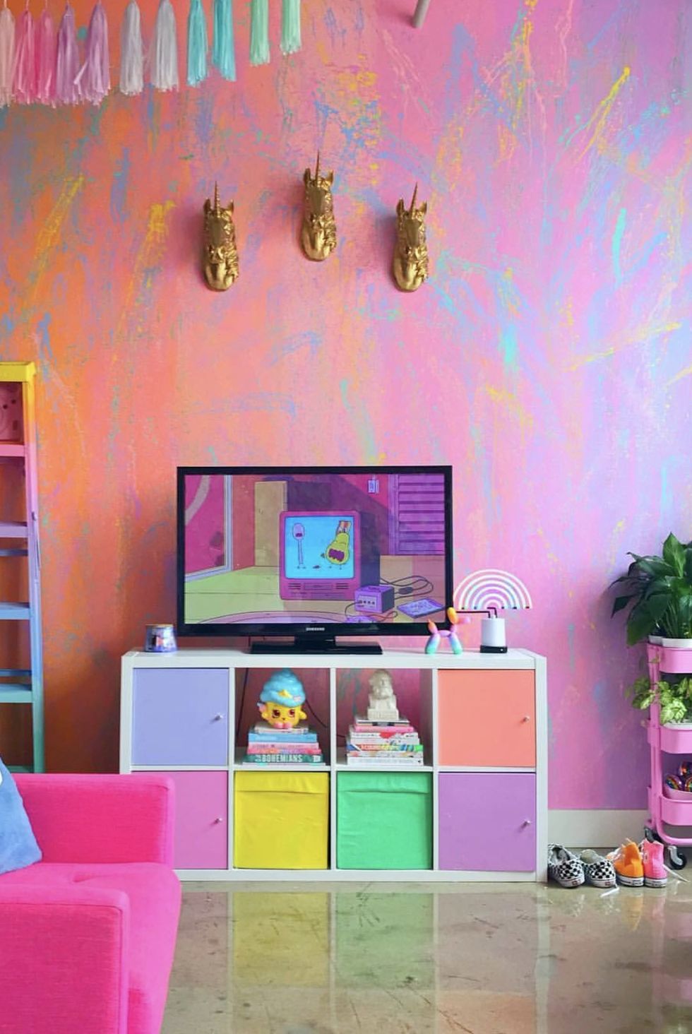 Pink, Room, Interior design, Furniture, Magenta, Toy, Wallpaper, Living room, House, Table, 