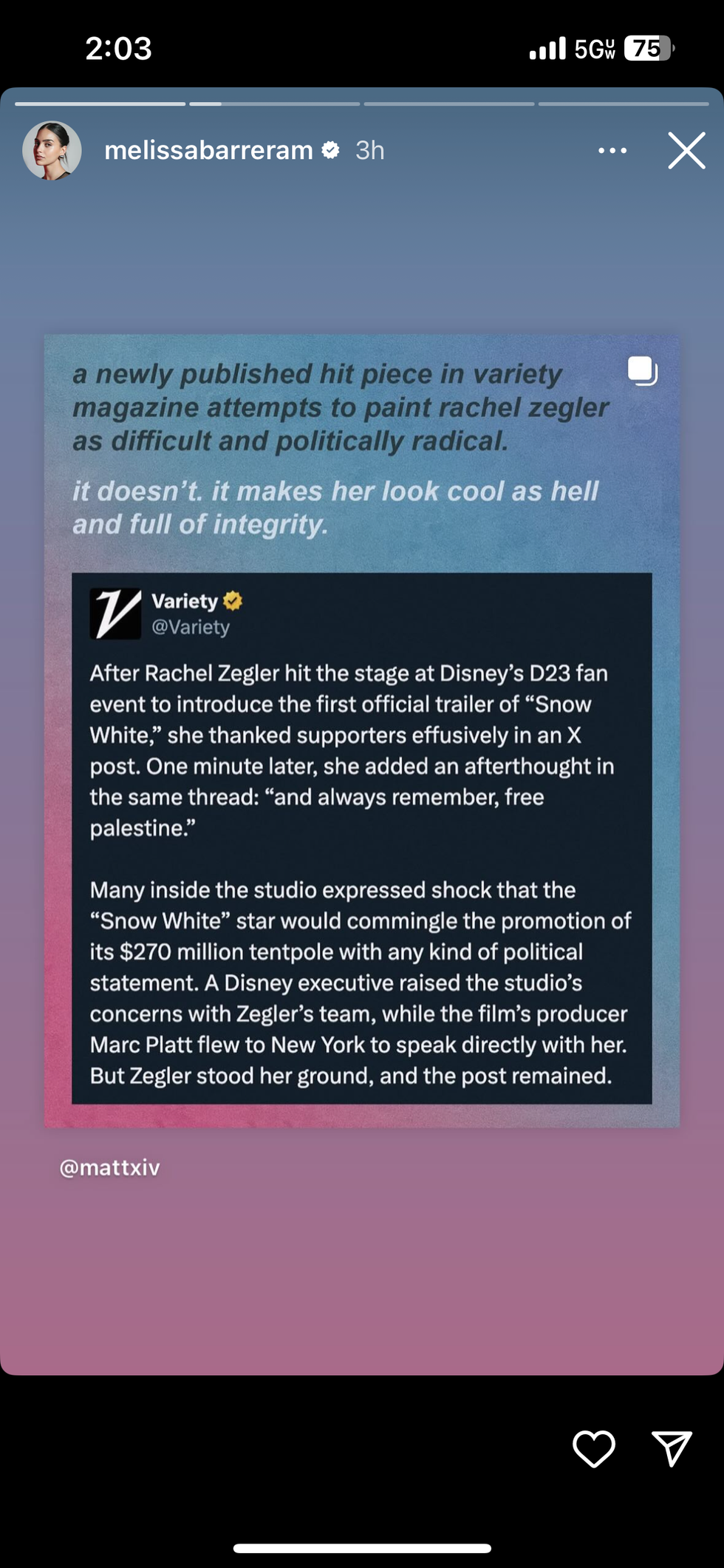 melissa barrera supports rachel zegler on instagram