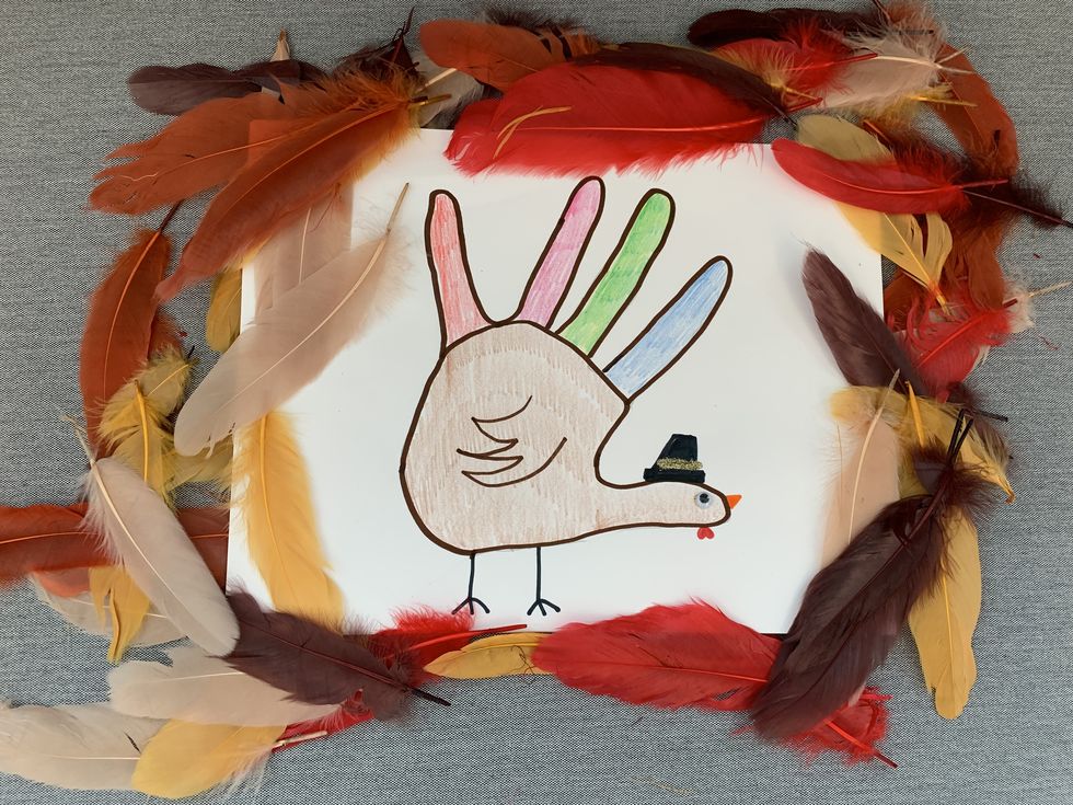 thanksgiving crafts, diy turkey drawing made using a hand