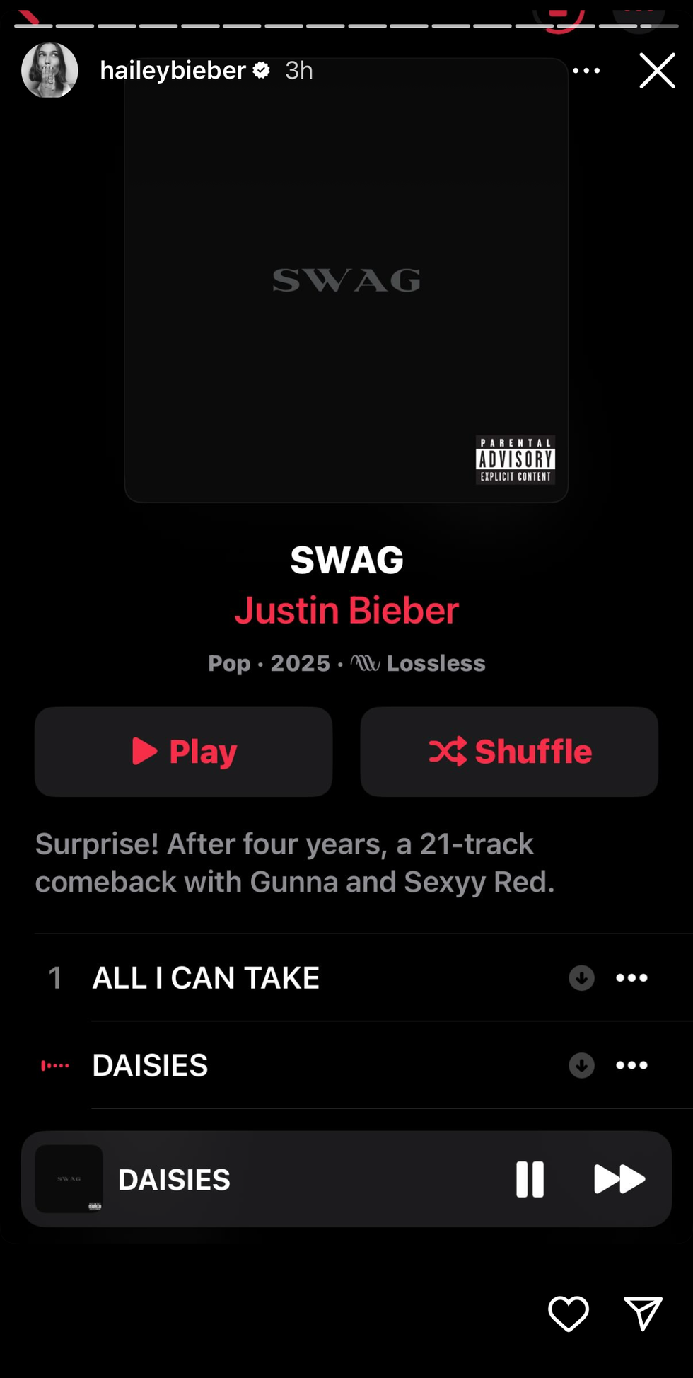 Hailey Bieber ouvindo 'Daisies' em sua história no Instagram