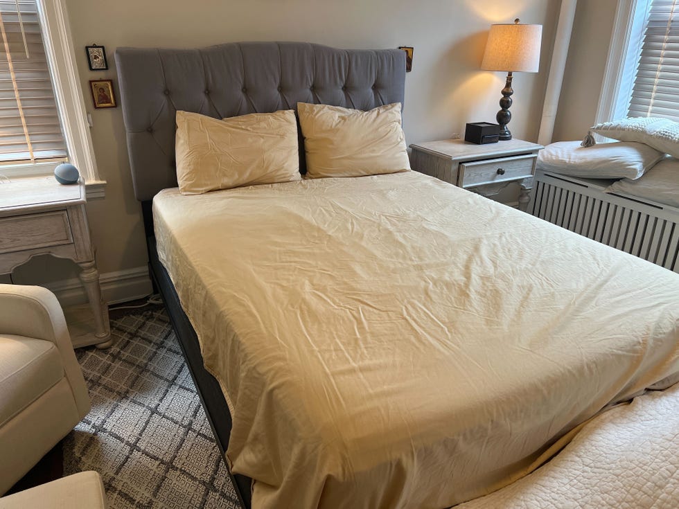 a beige brooklinen organic cotton core sheet set made on a bed, good housekeeping's brooklinen sheets review