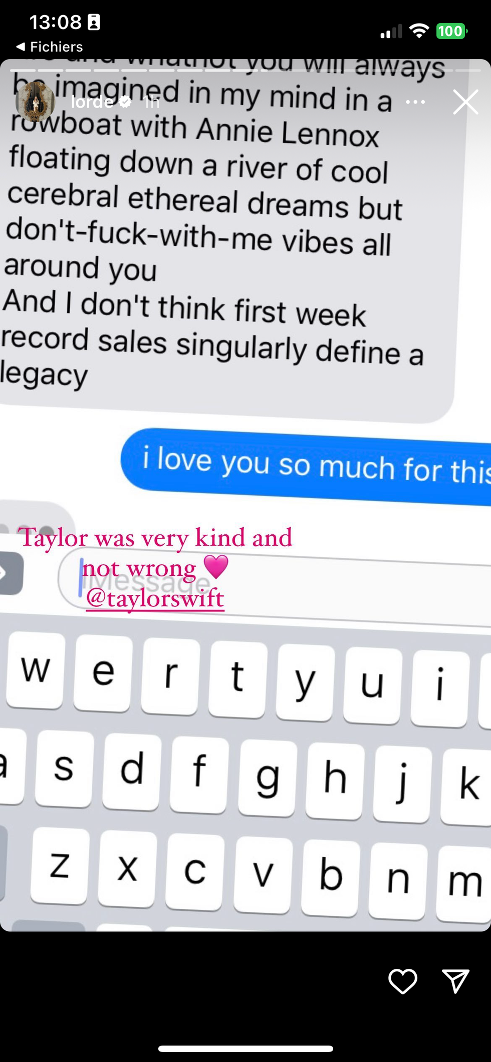 taylor swift's text to lorde