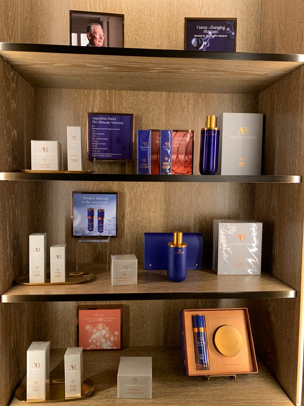 display of skincare products on shelves with various packaging and labels