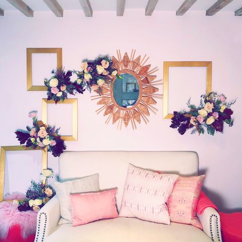 Room, Purple, Wall, Decoration, Living room, Pink, Furniture, Interior design, Design, Plant, 