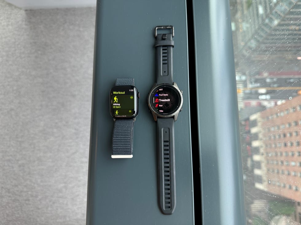 workout and activity screens on the apple watch series 9 left vs garmin epix gen 2 right