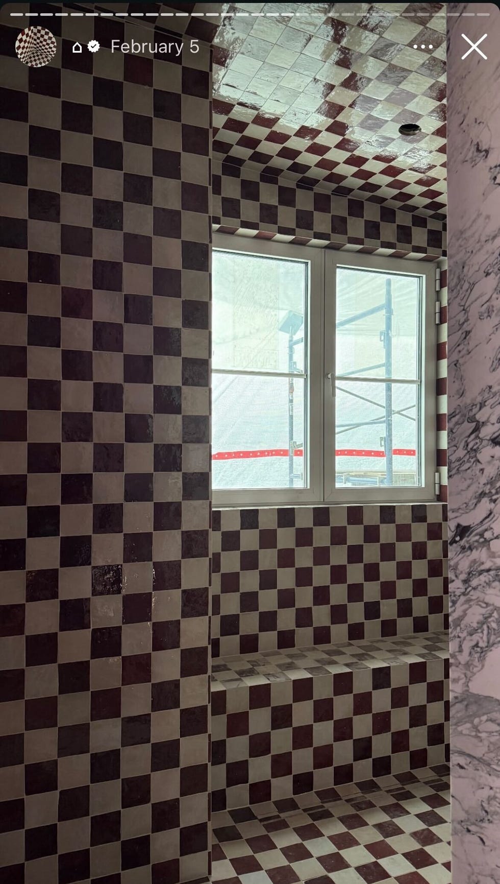 red and white tile bathroom