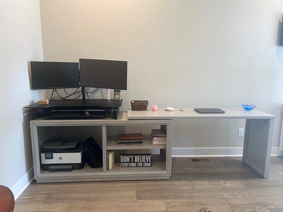 dual monitor workstation with storage and a minimalist desk