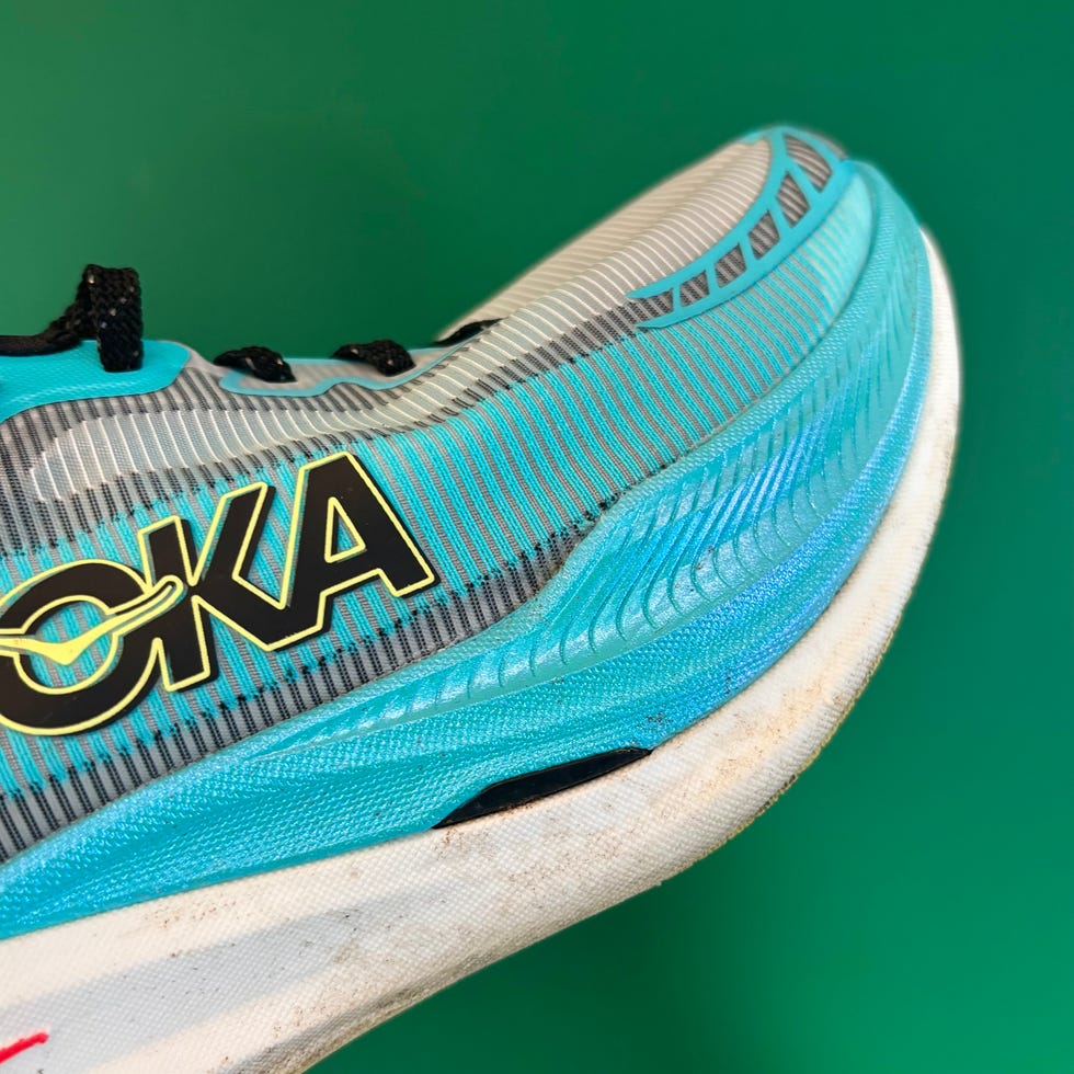 closeup of a running shoe featuring a distinctive design and vibrant colors