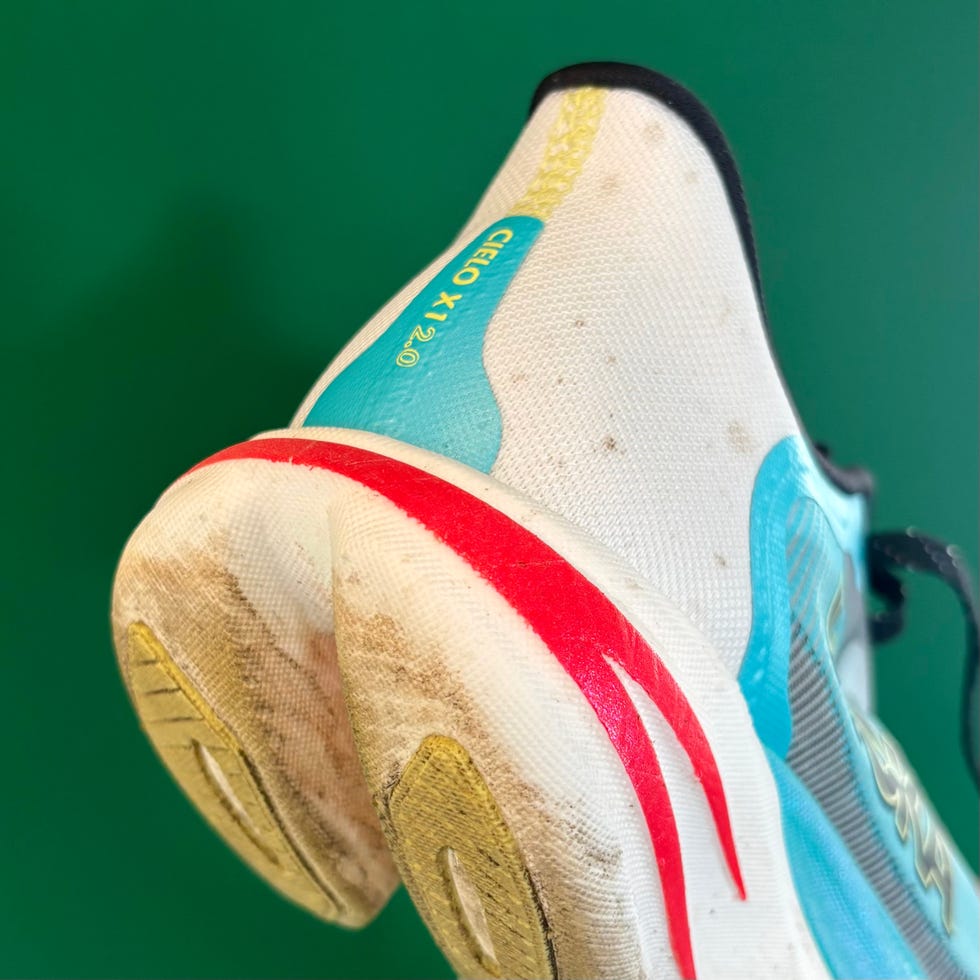 sport shoe with visible wear and branding on the heel