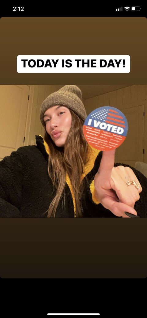 hailey beiber with her i voted sticker