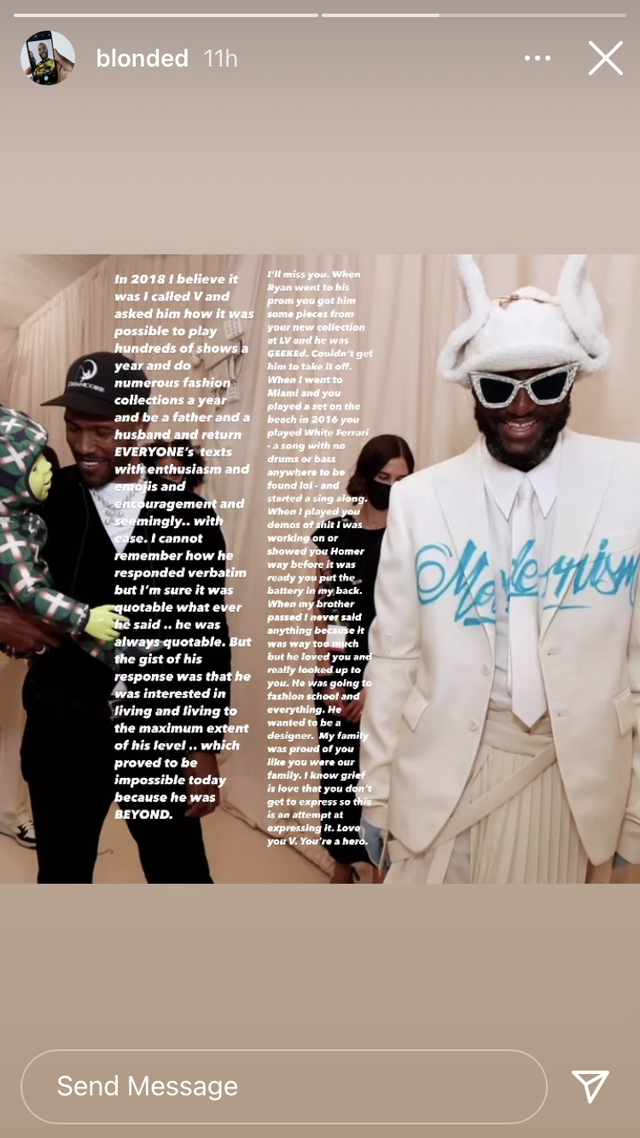 screenshot of frank ocean's instagram story, white text on top of photo of frank and virgil at the met gala