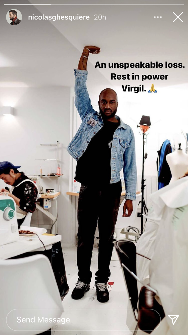 screenshot of instagram story, photo of virgil with his fist up with text over it that reads, an unspeakable loss rest in power virgil
