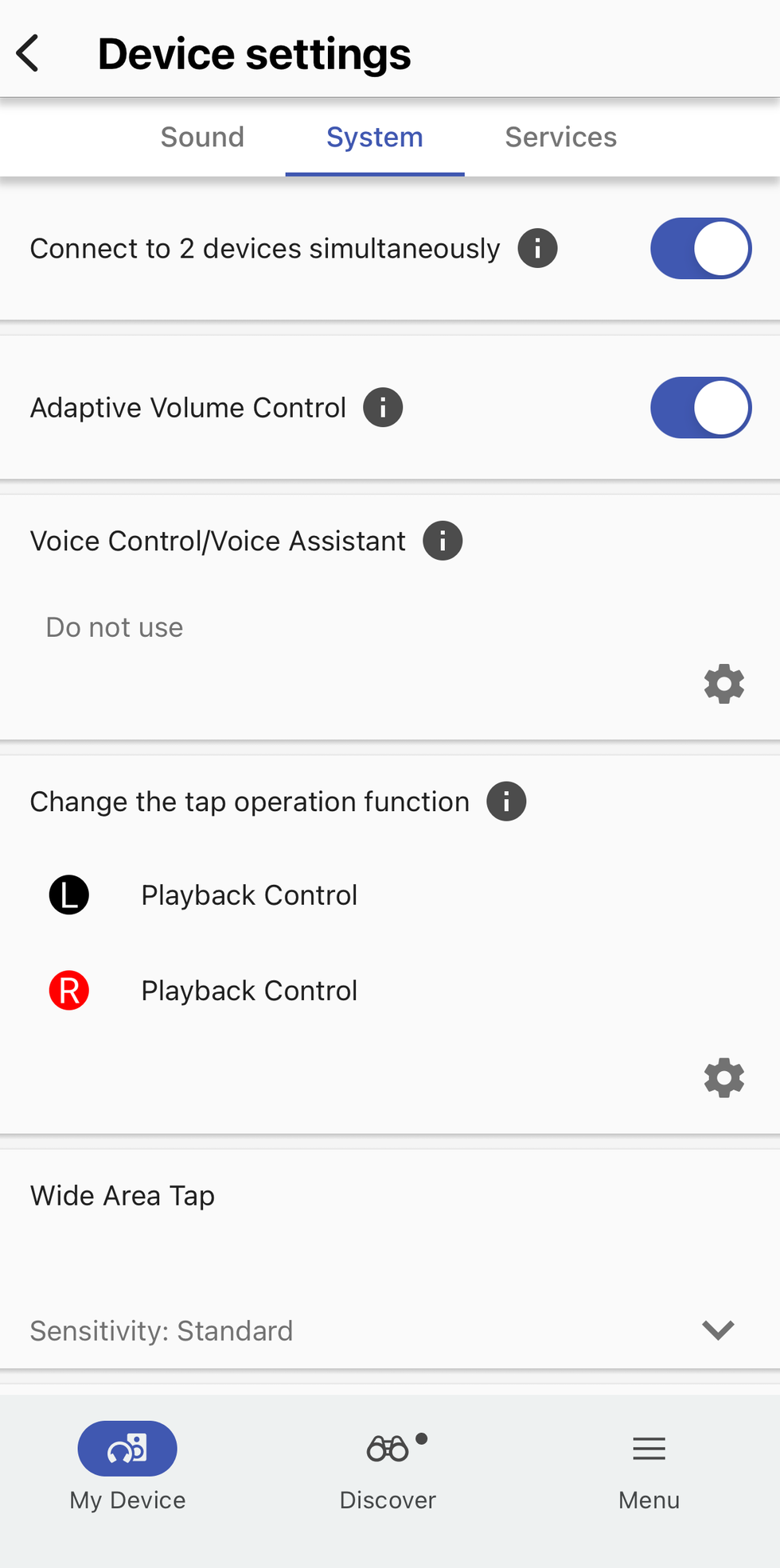 screenshot of an app displaying settings for earbuds