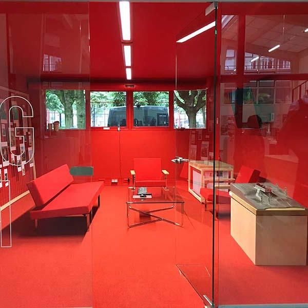 Red, Building, Interior design, Room, Furniture, Architecture, Design, Material property, Table, Glass, 