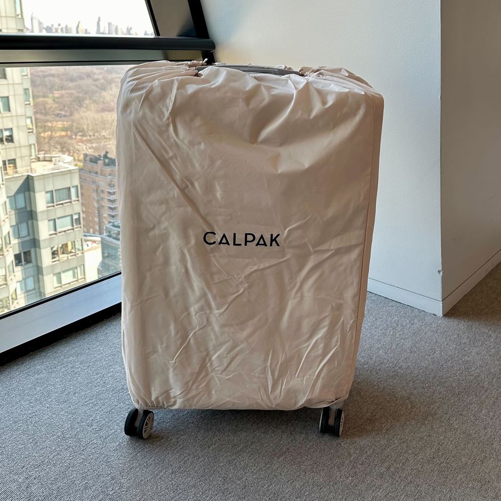 a suitcase set inside of a duster bag from calpak