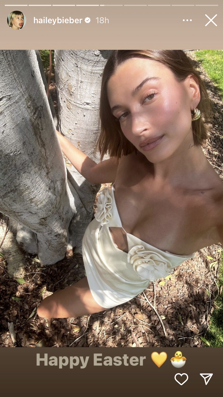 Hailey Bieber’s Easter Minidress Includes 3D Rosettes on the Bust