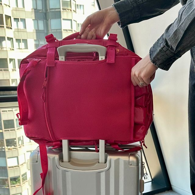 a pink backpack duffel from calpak on a silver suitcase