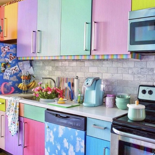 Countertop, Room, Kitchen, Turquoise, Property, Purple, Cabinetry, Interior design, Tile, Furniture, 