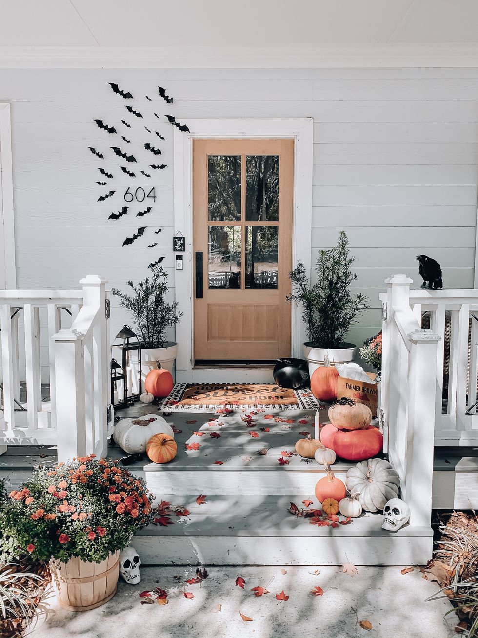 fall front porch decor with paper bats