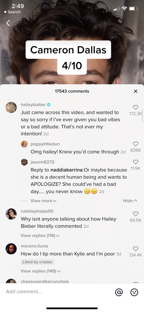 hailey bieber responds to tiktok video