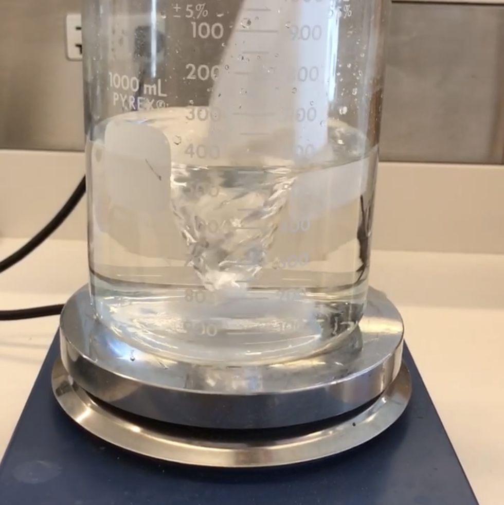 a sheet of toilet paper being immersed into a beaker of water for dissolvability testing
