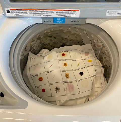 stained fabric swatch in a washing machine